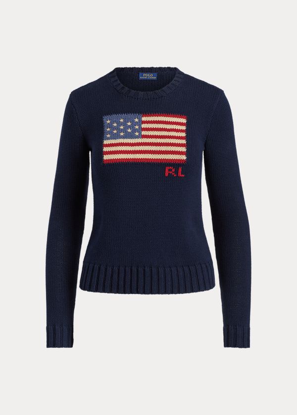 Polo Ralph Lauren Flag Cotton Crewneck Striktrøje Dame Danmark (YETQW3106)